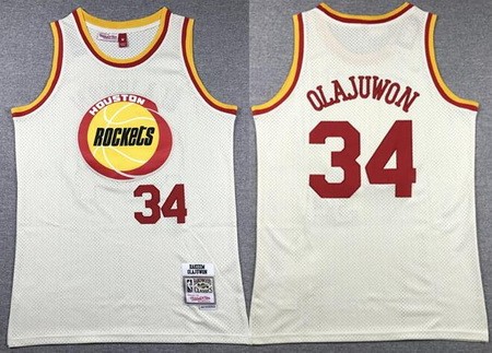 Men's Houston Rockets #34 Hakeem Olajuwon Cream Chainstitch Throwback Swingman Jersey