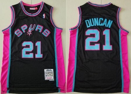 Men's San Antonio Spurs #21 Tim Duncan Black Pink 1998 Throwback Swingman Jersey