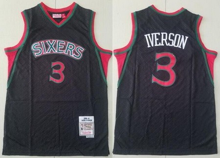 Men's Philadelphia 76ers #3 Allen Iverson Black Plaid 1996 Throwback Swingman Jersey