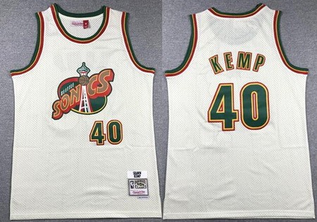 Men's Seattle Sonics #40 Shawn Kemp Cream Chainstitch Throwback Swingman Jersey