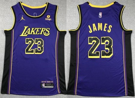 Men's Los Angeles Lakers #23 LeBron James Purple Statement Icon Sponsor Swingman Jersey