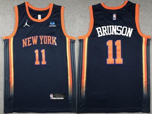 Men's New York Knicks #11 Jalen Brunson Navy Statement Icon Sponsor Swingman Jersey