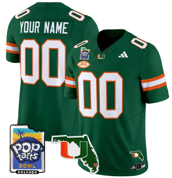 Custom Adidas Miami Hurricanes Jersey Name, Number 2025 PopTarts Bowl Patch College NCAA Football Green