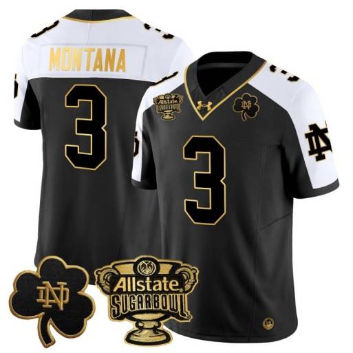 Men's Notre Dame Fighting Irish #3 Joe Montana 2024 Sugar Bowl Gold Patch Vapor Limited Stitched Jersey Alternate