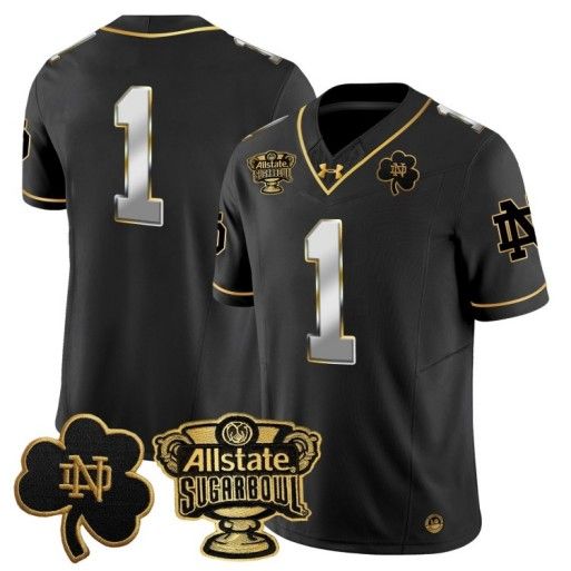 Men's Notre Dame Fighting Irish #1 Team 2024 Sugar Bowl Gold Patch Vapor Limited Stitched Jersey Black Limited