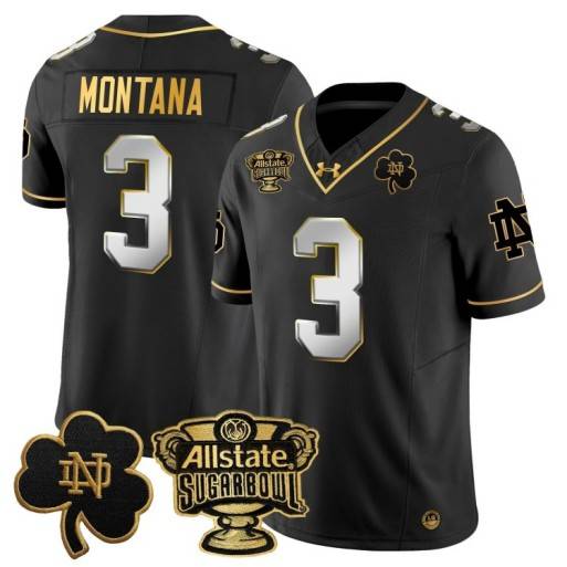 Men's Notre Dame Fighting Irish #3 Joe Montana 2024 Sugar Bowl Gold Patch Vapor Limited Stitched Jersey Black Limited