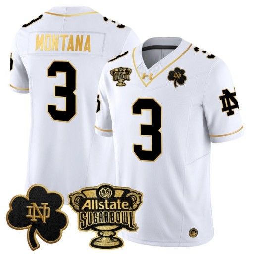 Men's Notre Dame Fighting Irish #3 Joe Montana 2024 Sugar Bowl Gold Patch Vapor Limited Stitched Jersey White Gold