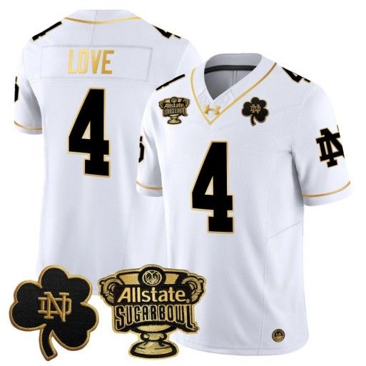 Men's Notre Dame Fighting Irish #4 Jeremiyah Love 2024 Sugar Bowl Gold Patch Vapor Limited Stitched Jersey White Gold