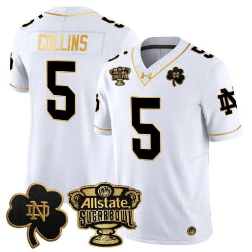 Men's Notre Dame Fighting Irish #5 Beaux Collins 2024 Sugar Bowl Gold Patch Vapor Limited Stitched Jersey White Gold