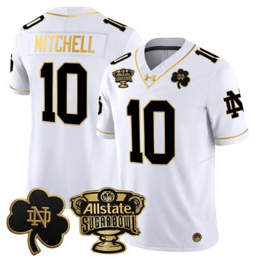 Men's Notre Dame Fighting Irish #10 Kris Mitchell 2024 Sugar Bowl Gold Patch Vapor Limited Stitched Jersey White Gold