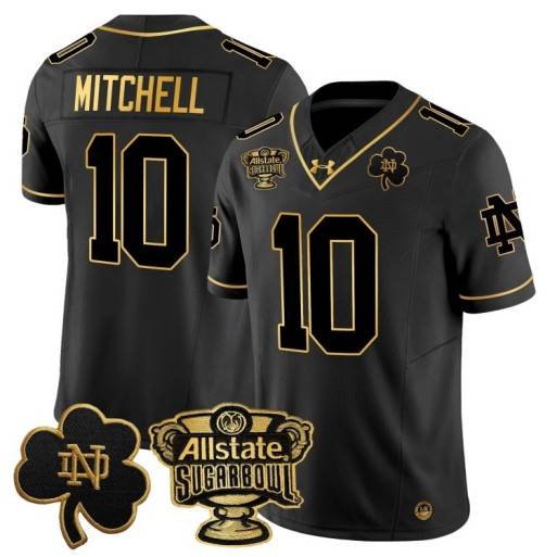 Men's Notre Dame Fighting Irish #10 Kris Mitchell 2024 Sugar Bowl Gold Patch Vapor Limited Stitched Jersey Black Gold