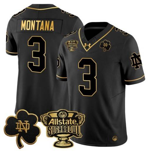 Men's Notre Dame Fighting Irish #3 Joe Montana 2024 Sugar Bowl Gold Patch Vapor Limited Stitched Jersey Black Gold