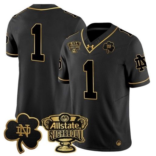 Men's Notre Dame Fighting Irish #1 Team 2024 Sugar Bowl Gold Patch Vapor Limited Stitched Jersey Black Gold