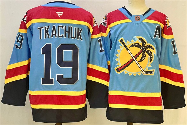 Men's Florida Panthers #19 Matthew Tkachuk Blue 2024-25 Reverse Retro With A Patch Stitched Hockey Jersey