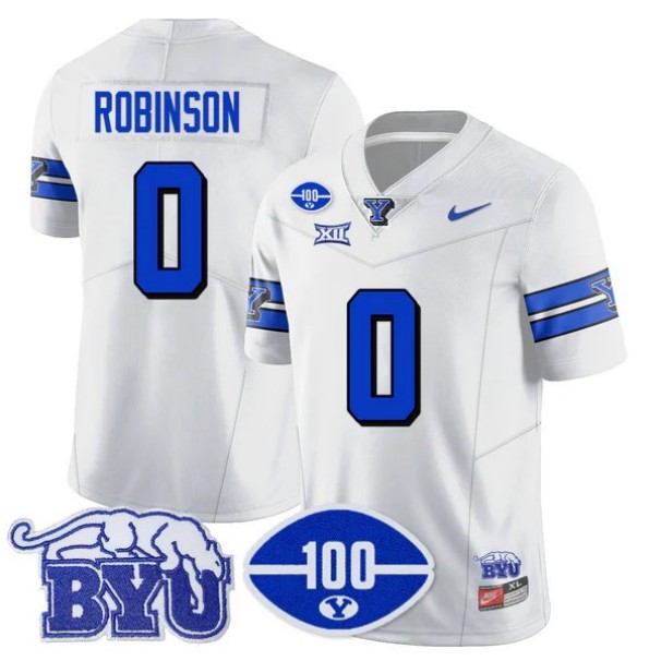 Men's BYU Cougars #0 Jakob Robinson 100th Season 2024 NCAA Football Nike Limited Vapor Stitched Jersey White