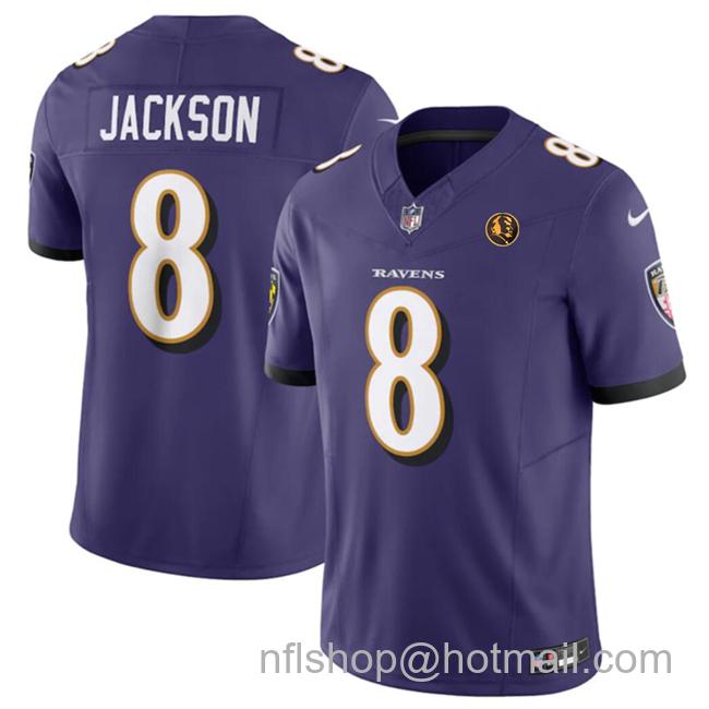 Men's Baltimore Ravens #8 Lamar Jackson Purple 2023 F.U.S.E. With John Madden Patch Vapor Limited Football Jersey