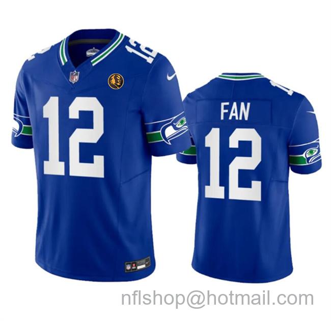 Men's Seattle Seahawks #12 Fan Royal 2023 F.U.S.E. Throwback With John Madden Patch Vapor Limited Stitched Football Jersey