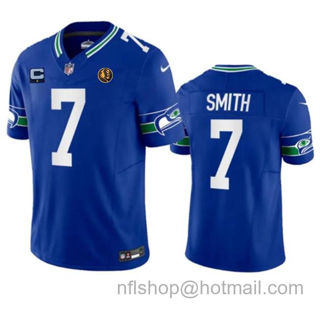 Men's Seattle Seahawks #7 Geno Smith Blue 2023 F.U.S.E. Throwback With 1-Star C Patch And John Madden Patch Vapor Limited Stitched Football Jersey