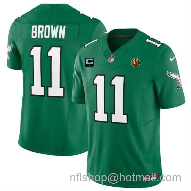 Men's Philadelphia Eagles #11 A. J. Brown Green 2023 F.U.S.E. Throwback With 1-Star C Patch And John Madden Patch Vapor Limited Stitched Football Jersey