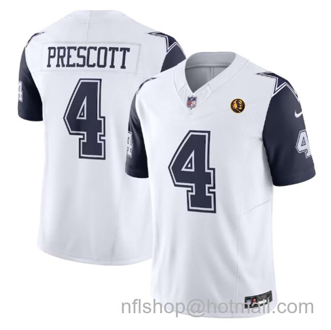 Men's Dallas Cowboys #4 Dak Prescott White 2023 F.U.S.E. With John Madden Patch Vapor Limited Stitched Football Jerseys