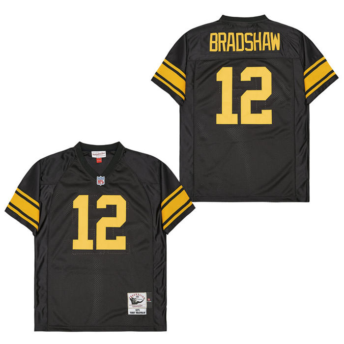 Men's Pittsburgh Steelers #12 Terry Bradshaw Black Yellow 1975 Throwback Jersey