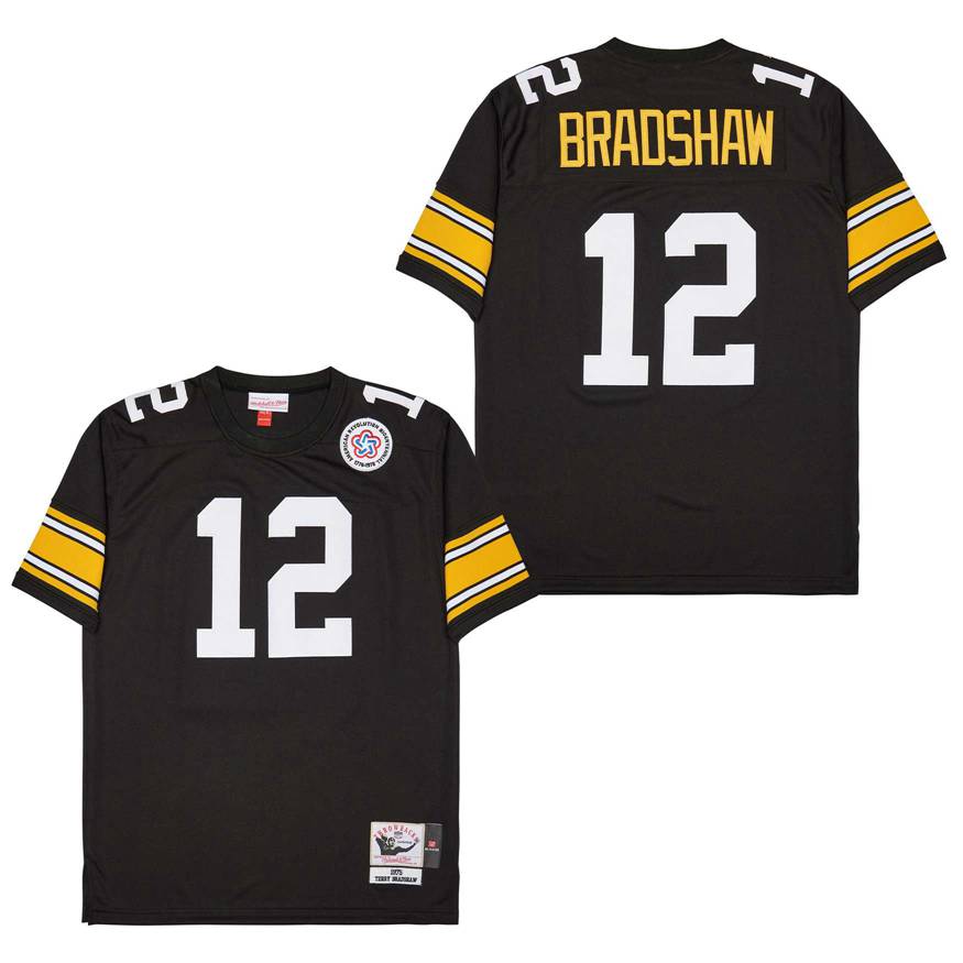 Men's Pittsburgh Steelers #12 Terry Bradshaw Black 1975 Throwback Jersey