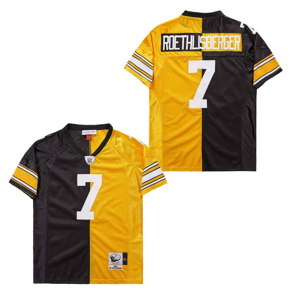 Men's Pittsburgh Steelers #7 Ben Roethlisberger Black Yellow Split 2008 Throwback Jersey