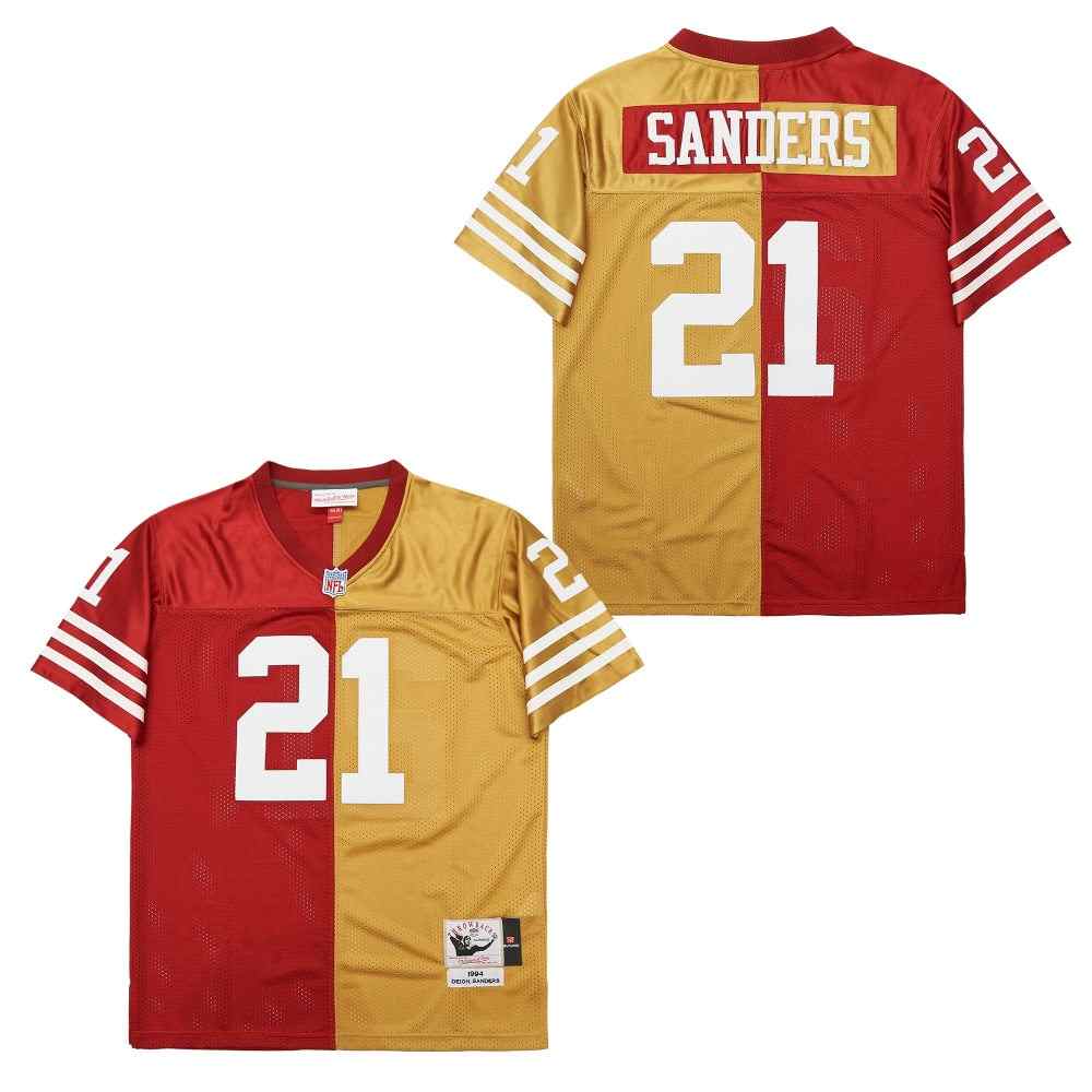 Men's San Francisco 49ers #21 Deion Sanders Red Gold Split 1994 Throwback Jersey