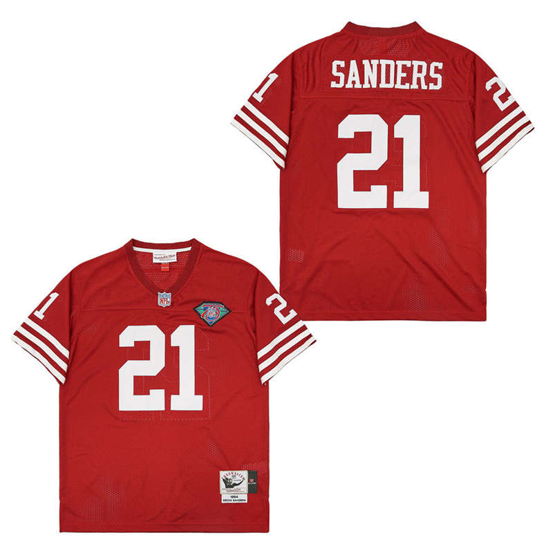 Men's San Francisco 49ers #21 Deion Sanders Scarlet 75th 1994 Throwback Jersey