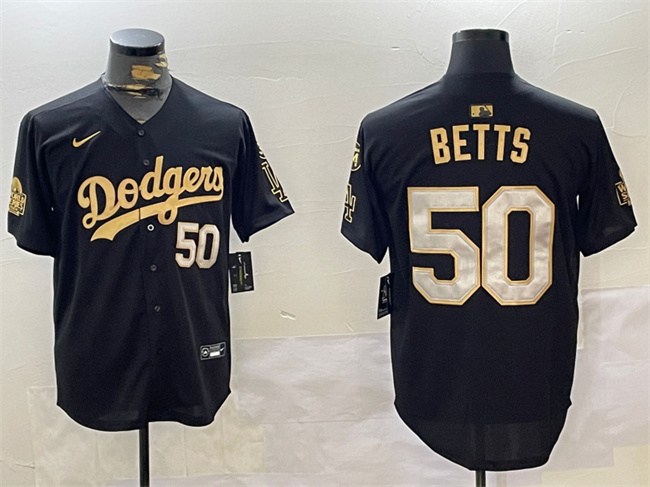 Men's Los Angeles Dodgers #50 Mookie Betts Black_Gold 2024 World Series With Fernando Memorial Patch Limited Stitched Baseball Jersey