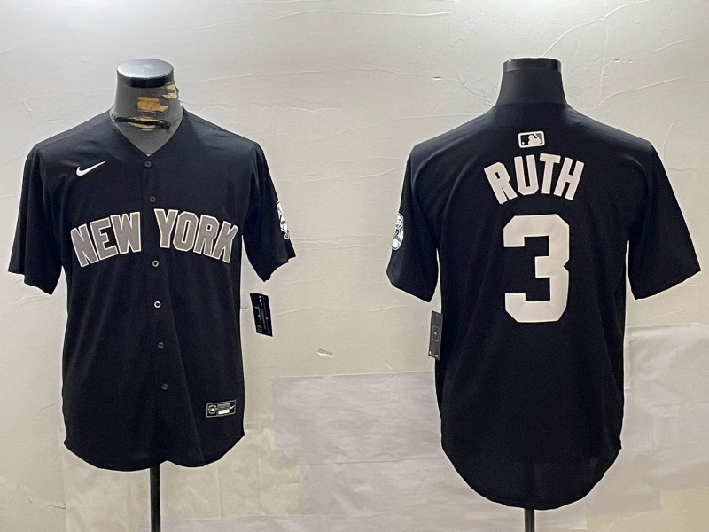 Men's New York Yankees #3 Babe Ruth Black With Patch Limited Stitched Baseball Jersey