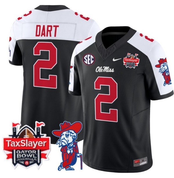 Men's Nike Jaxson Dart Jersey #2 Ole Miss Rebels 2024 Gator Bowl Patch FUSE Vapor Limited Stitched NCAA Football V2 Black Alternate