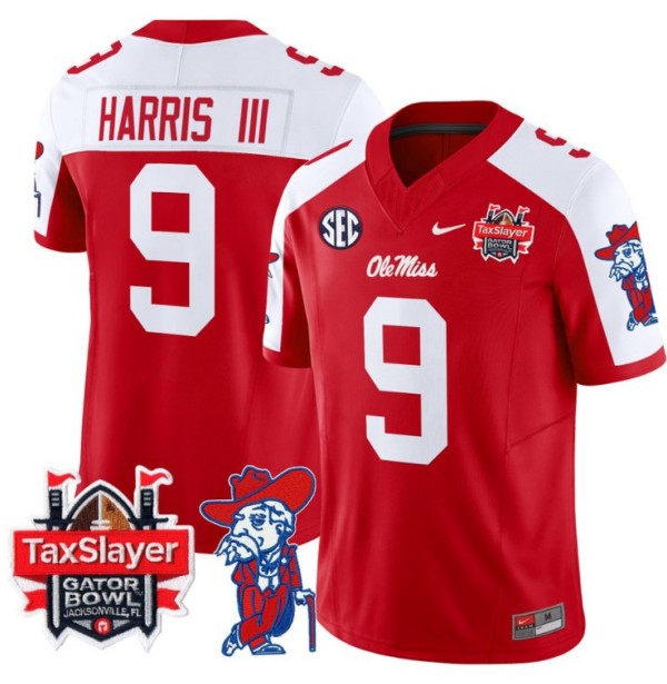 Men's Nike Tre Harris Jersey #9 Ole Miss Rebels 2024 Gator Bowl Patch FUSE Vapor Limited Stitched NCAA Football V2 Red Alternate