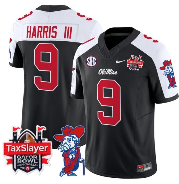 Men's Nike Tre Harris Jersey #9 Ole Miss Rebels 2024 Gator Bowl Patch FUSE Vapor Limited Stitched NCAA Football V2 Black Alternate