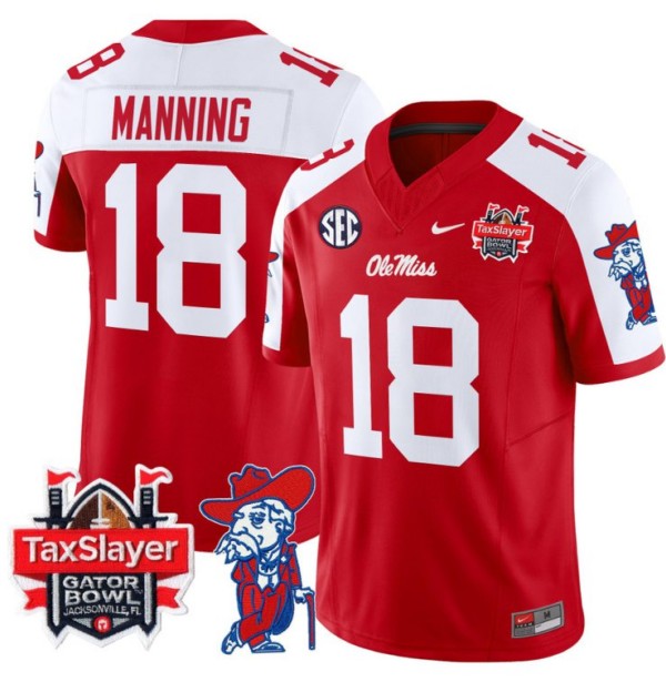 Men's Nike Archie Manning Jersey #18 Ole Miss Rebels 2024 Gator Bowl Patch FUSE Vapor Limited Stitched NCAA Football V2 Red Alternate