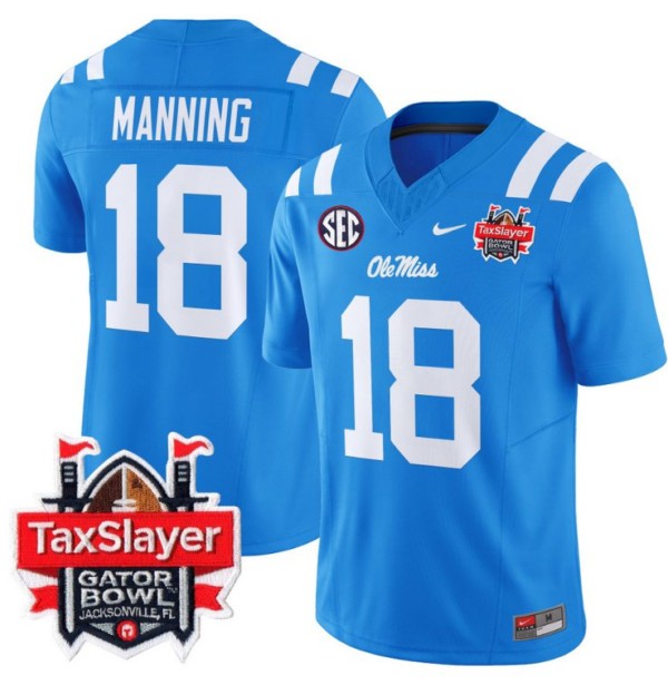 Men's Nike Archie Manning Jersey #18 Ole Miss Rebels 2024 Gator Bowl Patch FUSE Vapor Limited Stitched NCAA Football V2 Powder Blue