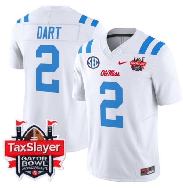 Men's Nike Jaxson Dart Jersey #2 Ole Miss Rebels 2024 Gator Bowl Patch FUSE Vapor Limited Stitched NCAA Football V2 2024 White