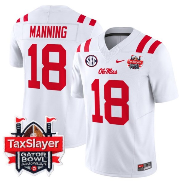 Men's Nike Archie Manning Jersey #18 Ole Miss Rebels 2024 Gator Bowl Patch FUSE Vapor Limited Stitched NCAA Football V2 White