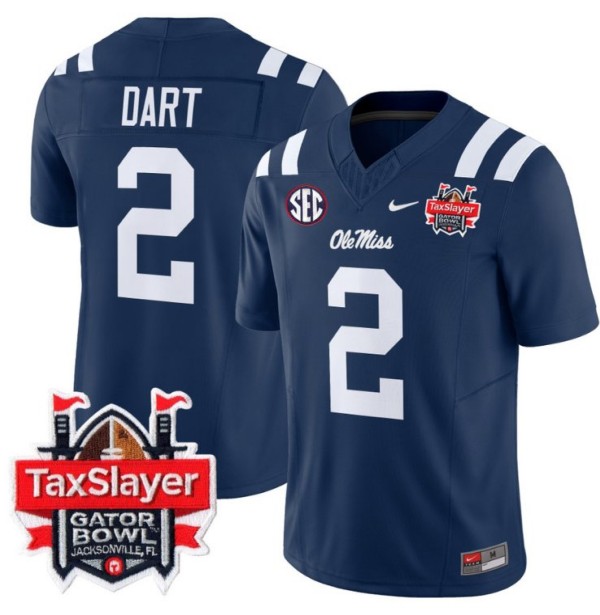 Men's Nike Jaxson Dart Jersey #2 Ole Miss Rebels 2024 Gator Bowl Patch FUSE Vapor Limited Stitched NCAA Football V2 Navy