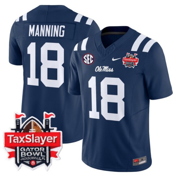 Men's Nike Archie Manning Jersey #18 Ole Miss Rebels 2024 Gator Bowl Patch FUSE Vapor Limited Stitched NCAA Football V2 Navy