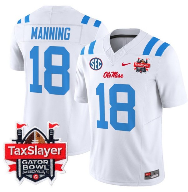 Men's Nike Archie Manning Jersey #18 Ole Miss Rebels 2024 Gator Bowl Patch FUSE Vapor Limited Stitched NCAA Football V2 2024 White