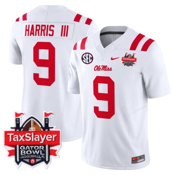 Men's Nike Tre Harris Jersey #9 Ole Miss Rebels 2024 Gator Bowl Patch FUSE Vapor Limited Stitched NCAA Football V2 White