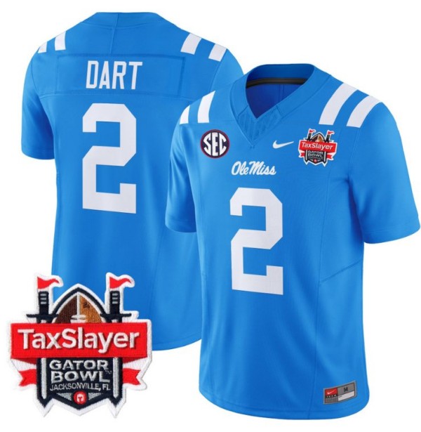 Men's Nike Jaxson Dart Jersey #2 Ole Miss Rebels 2024 Gator Bowl Patch FUSE Vapor Limited Stitched NCAA Football V2 Powder Blue