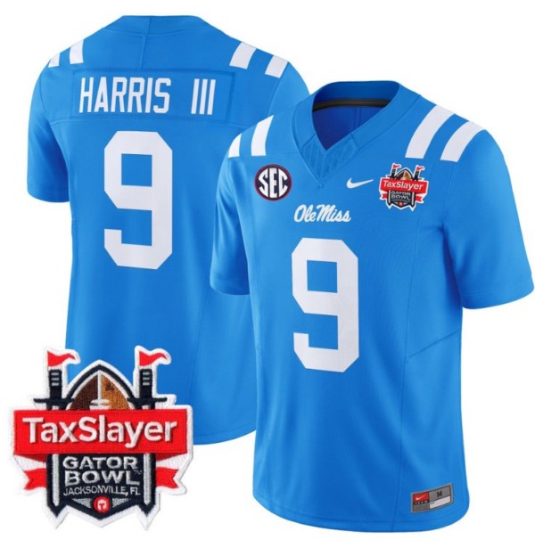 Men's Nike Tre Harris Jersey #9 Ole Miss Rebels 2024 Gator Bowl Patch FUSE Vapor Limited Stitched NCAA Football V2 Powder Blue