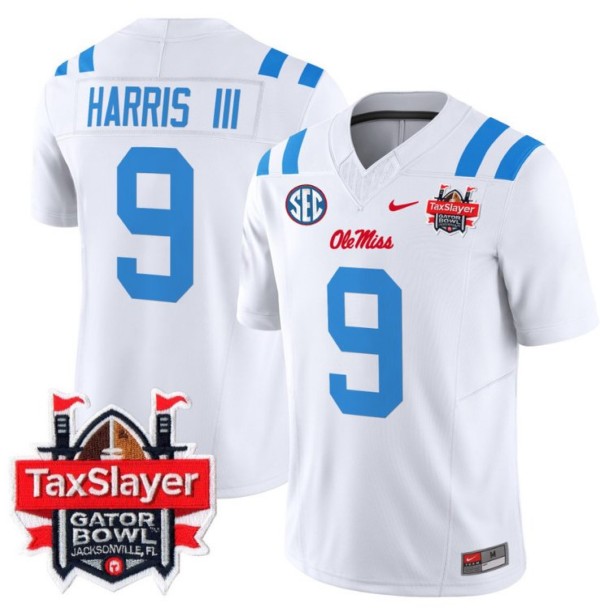 Men's Nike Tre Harris Jersey #9 Ole Miss Rebels 2024 Gator Bowl Patch FUSE Vapor Limited Stitched NCAA Football V2 2024 White