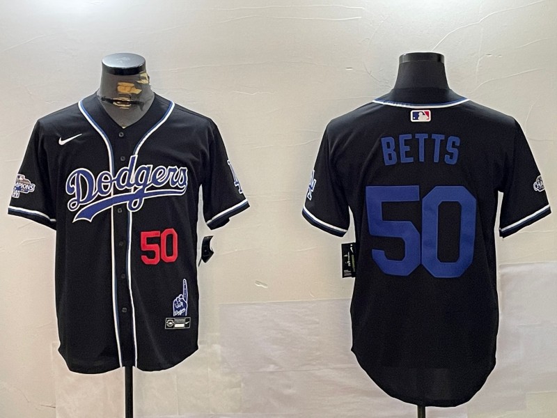 Men's Los Angeles Dodgers #50 Mookie Betts Black 2024 World Series Champions Limited Stitched Baseball Jerseys