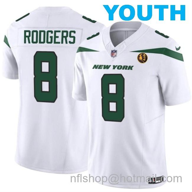 Youth New York Jets #8 Aaron Rodgers White 2023 F.U.S.E. With John Madden Patch Vapor Limited Stitched Football Jersey