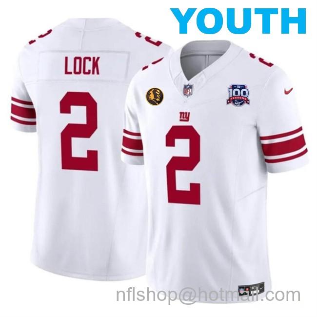 Youth New York Giants #2 Drew Lock White 2024 F.U.S.E. With John Madden Patch And 100TH Season Patch Vapor Untouchable Limited Stitched Jersey