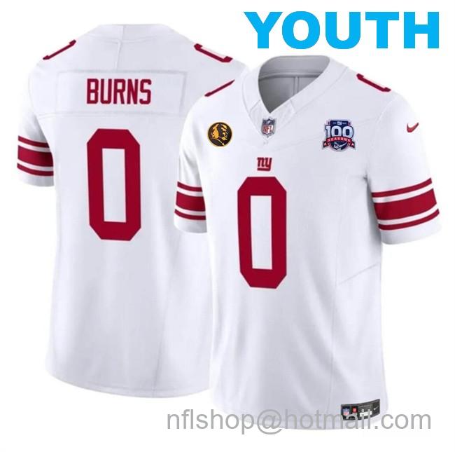 Youth New York Giants #0 Brian Burns White 2024 F.U.S.E. With John Madden Patch And 100TH Season Patch Vapor Untouchable Limited Stitched Jersey