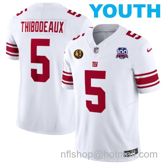 Youth New York Giants #5 Kayvon Thibodeaux White 2024 F.U.S.E. With John Madden Patch And 100TH Season Patch Vapor Untouchable Limited Stitched Jersey